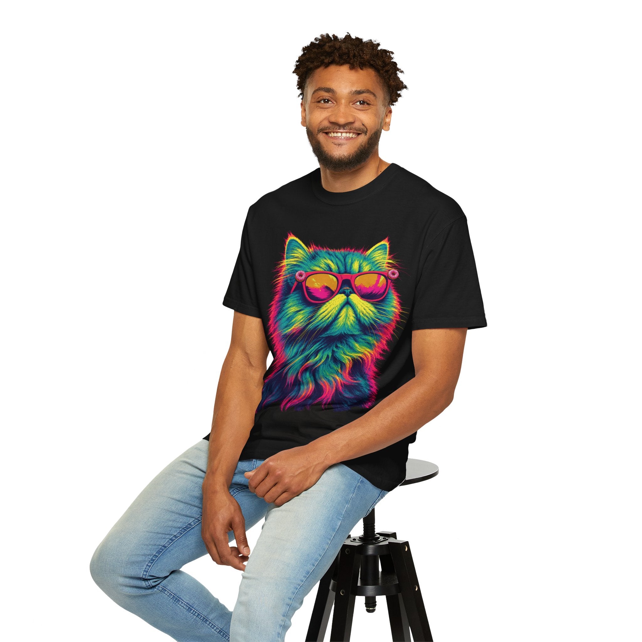 Cool Neon Cat T-Shirt — Colorful Sunglasses Kitten Graphic Tee