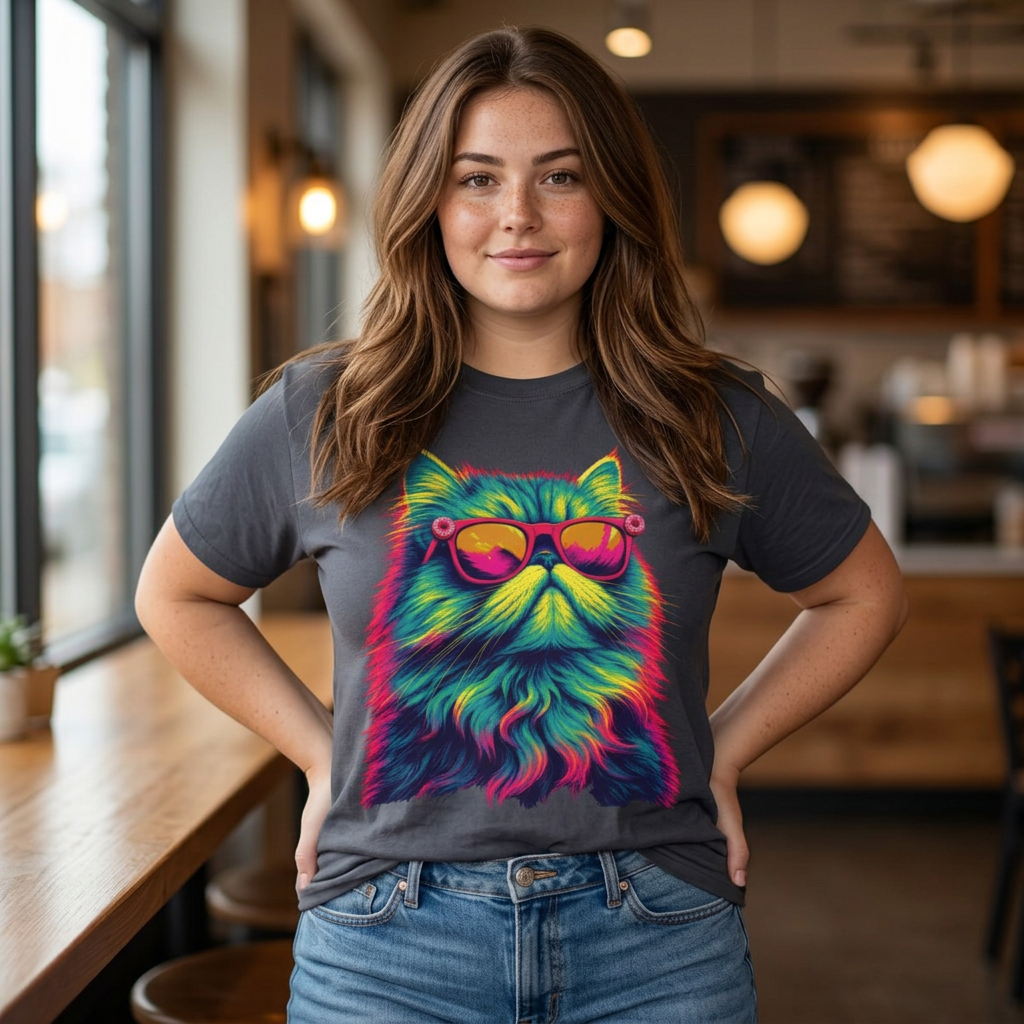 Cool Neon Cat T-Shirt — Colorful Sunglasses Kitten Graphic Tee